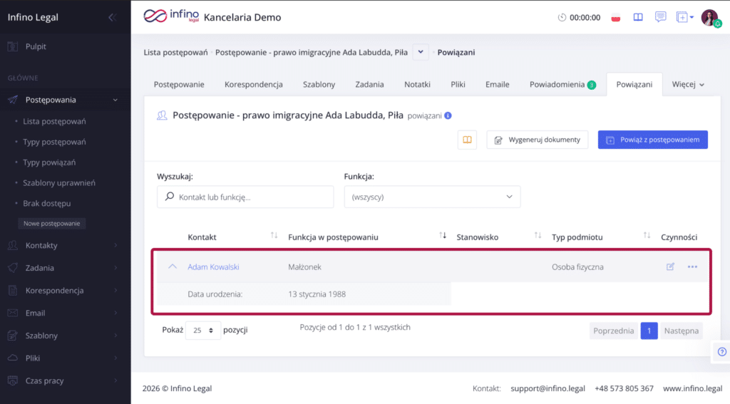 Infino Legal – lista „Powiązani” w postępowaniu: kontakt z rolą oraz wyświetlone dane relacji (pola użytkownika).
