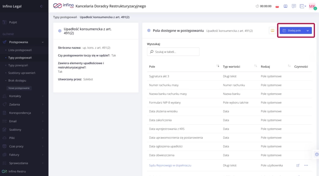 Infino Legal – typ postępowania z listą pól użytkownika oraz przyciskiem „Dodaj pole”.