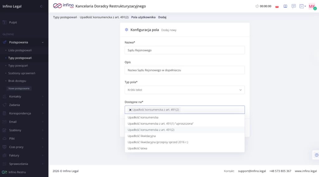 Infino Legal – formularz pola użytkownika: nazwa, opis, typ pola oraz wybór typów postępowań w polu „Dostępne na”.