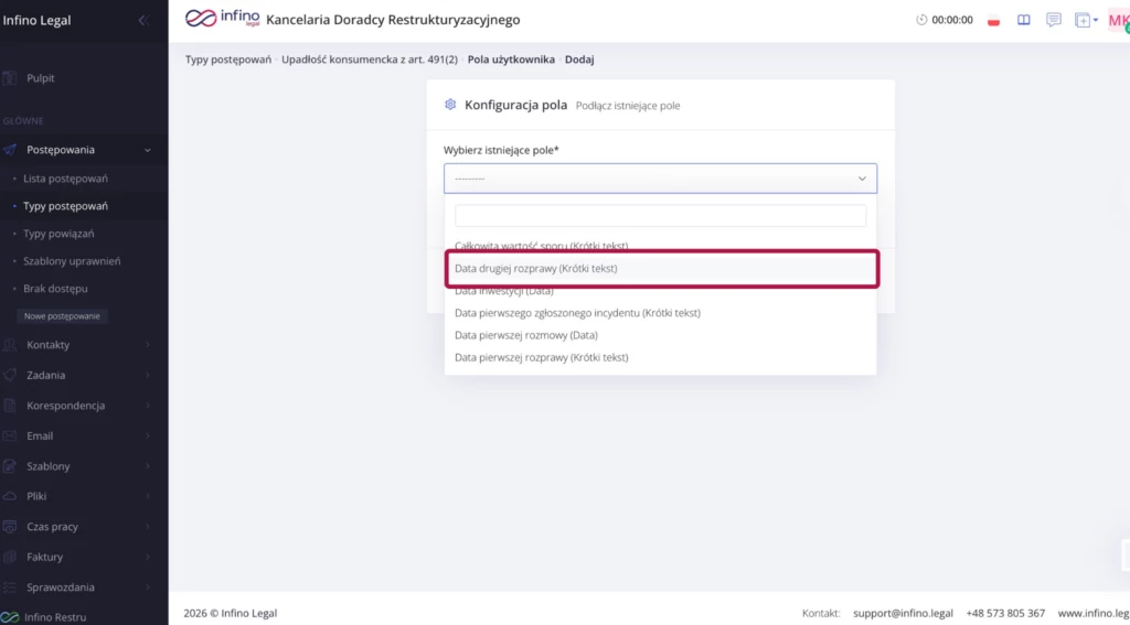 Infino Legal – okno „Podłącz istniejące pole”: wybór pola z listy rozwijanej do dodania do typu postępowania.