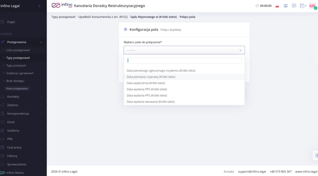 Infino Legal – okno „Połącz duplikaty”: wybór pola do połączenia z listy rozwijanej.