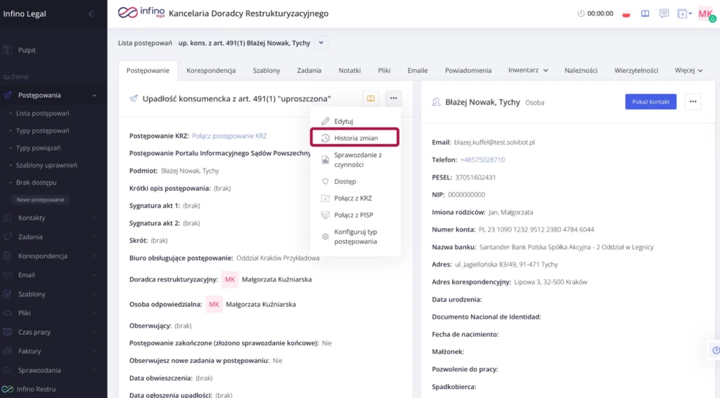 Infino Legal – menu na karcie postępowania z zaznaczoną opcją „Historia zmian” do sprawdzenia zmian po edycji/usunięciu pola.