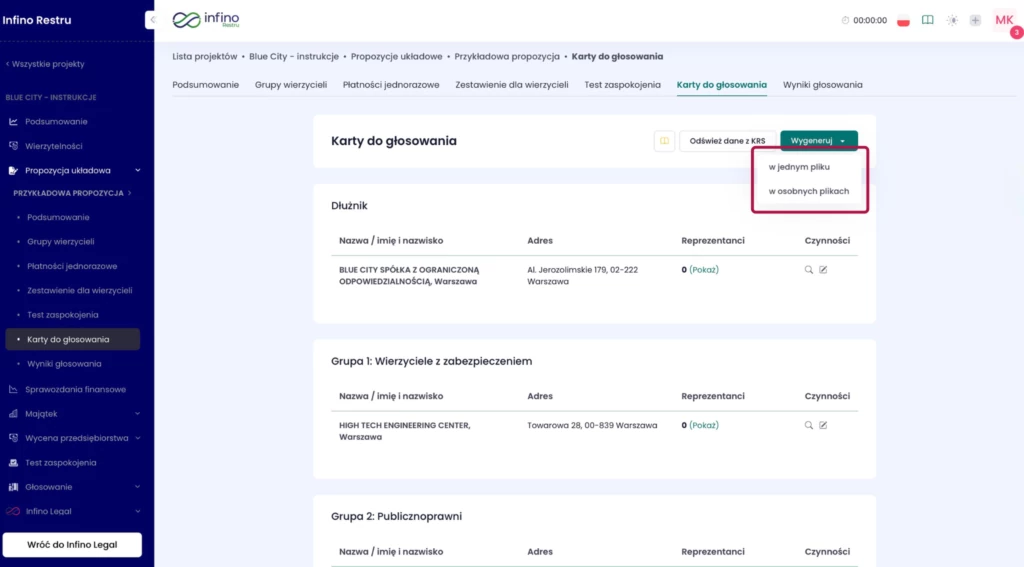 Infino Restru – zakładka „Karty do głosowania” z rozwiniętym przyciskiem „Wygeneruj” i opcjami: w jednym pliku lub w osobnych plikach.