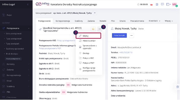 Infino Legal – karta postępowania z rozwiniętym menu trzech kropek i opcją „Edytuj”.