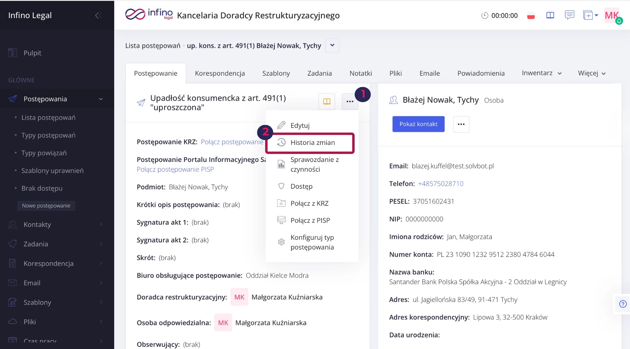 Infino Legal – karta postępowania z rozwiniętym menu trzech kropek i opcją „Historia zmian”.