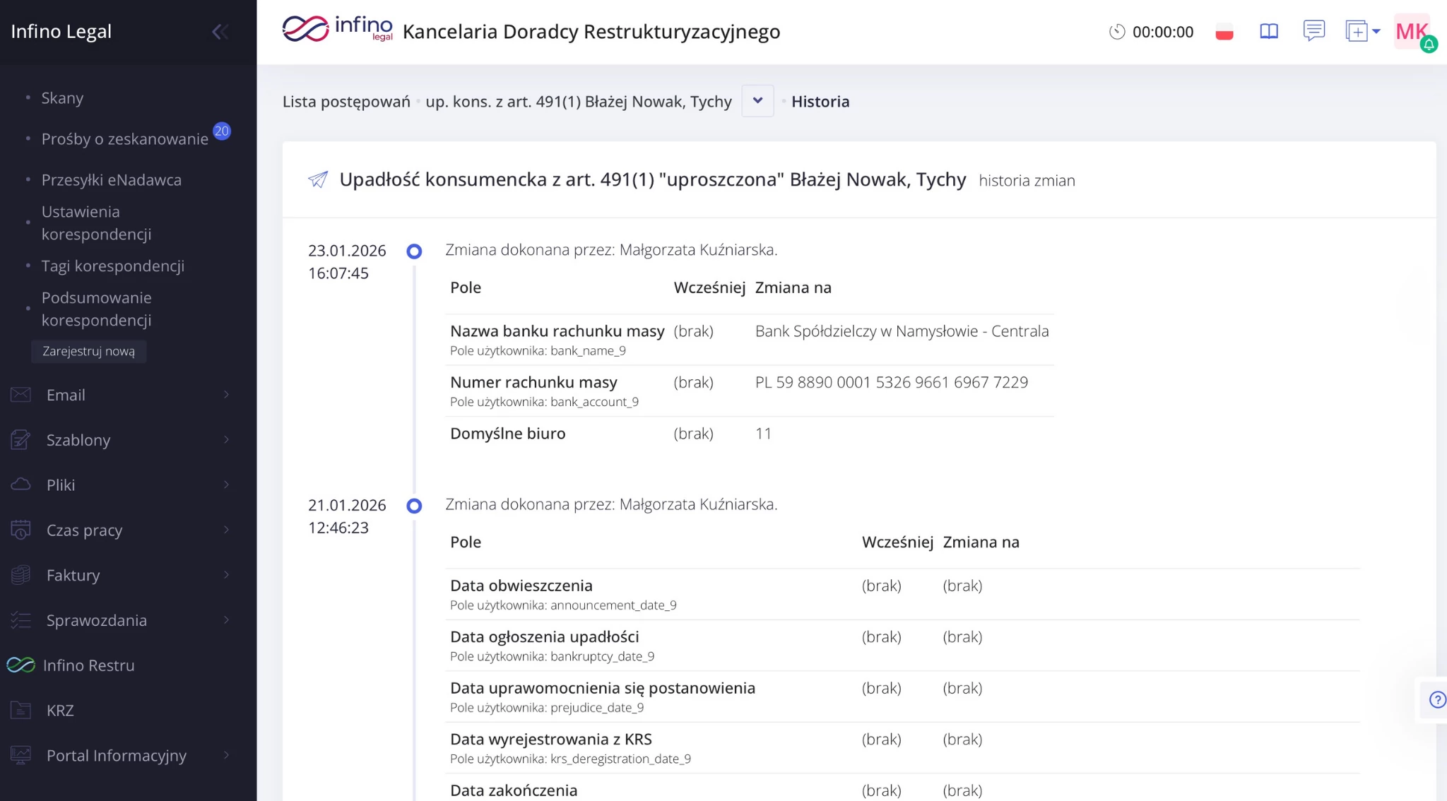Infino Legal – historia zmian postępowania z datą, użytkownikiem, nazwą pola oraz wartościami „Wcześniej” i „Zmiana na”.