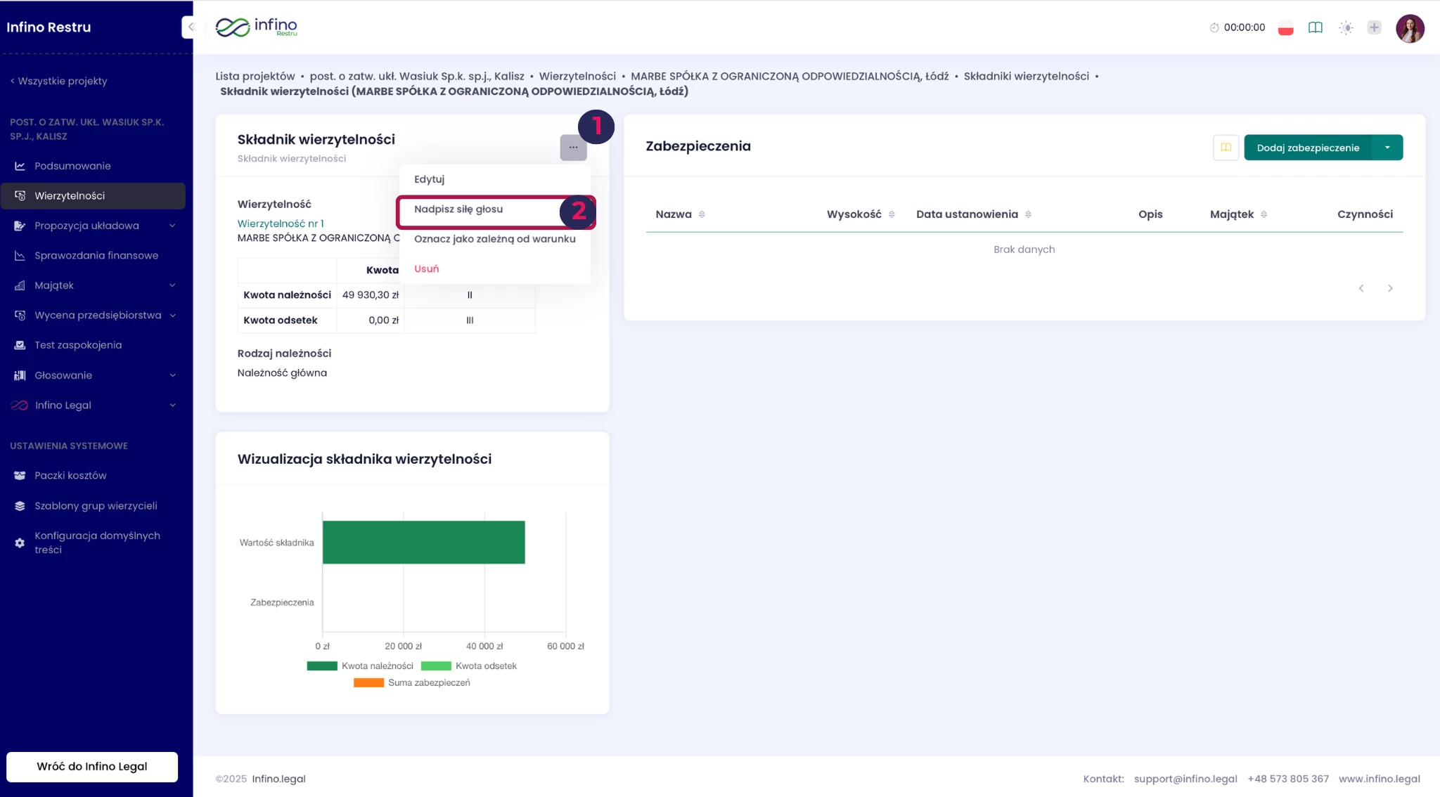 Infino Restru – szczegóły składnika wierzytelności z menu trzech kropek i opcją „Nadpisz siłę głosu”.