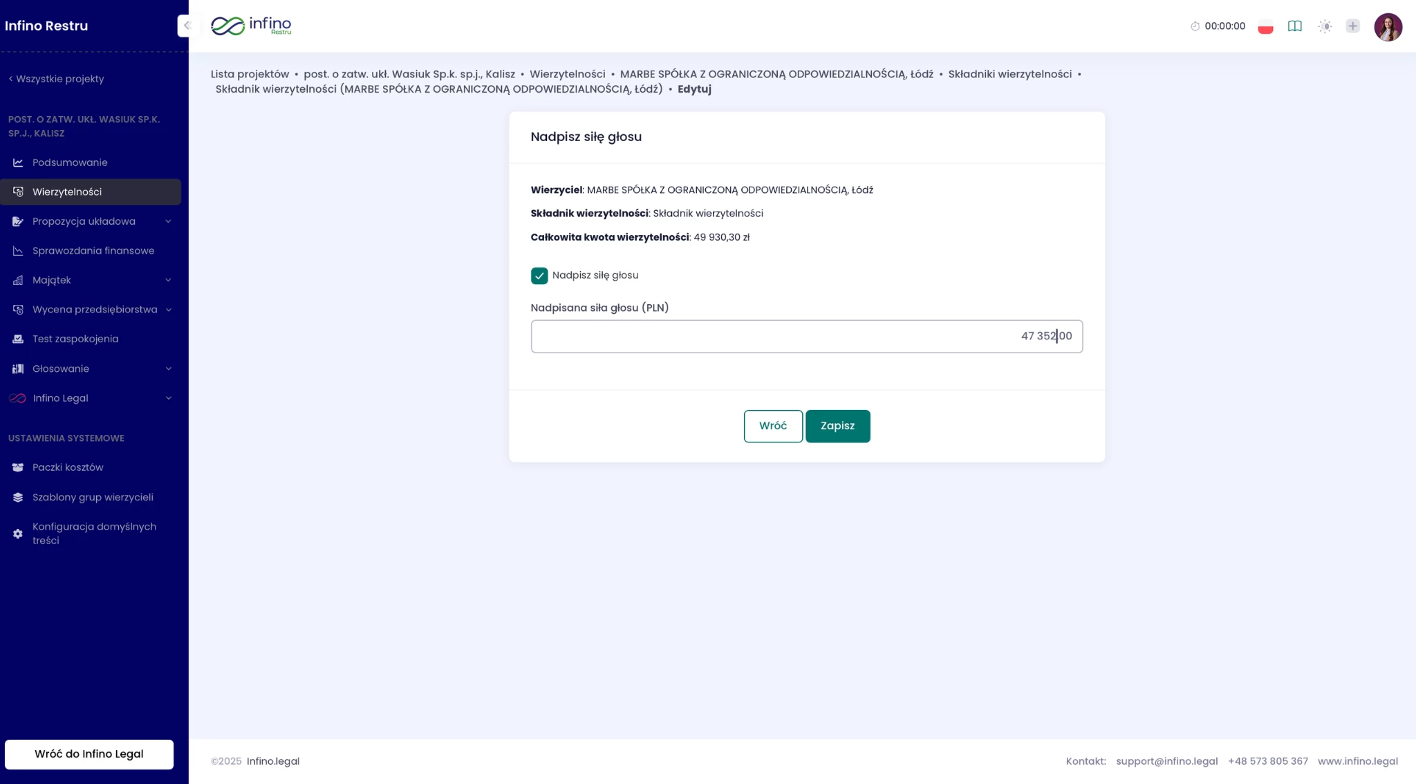 Infino Restru – formularz „Nadpisz siłę głosu” z checkboxem i polem do wpisania nowej wartości głosu.