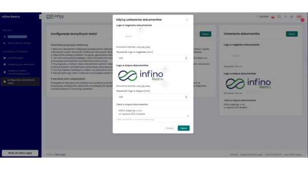 Infino Restru – okno „Edytuj ustawienia dokumentów” z konfiguracją logo w nagłówku, logo w stopce, wysokości logo oraz tekstu stopki.