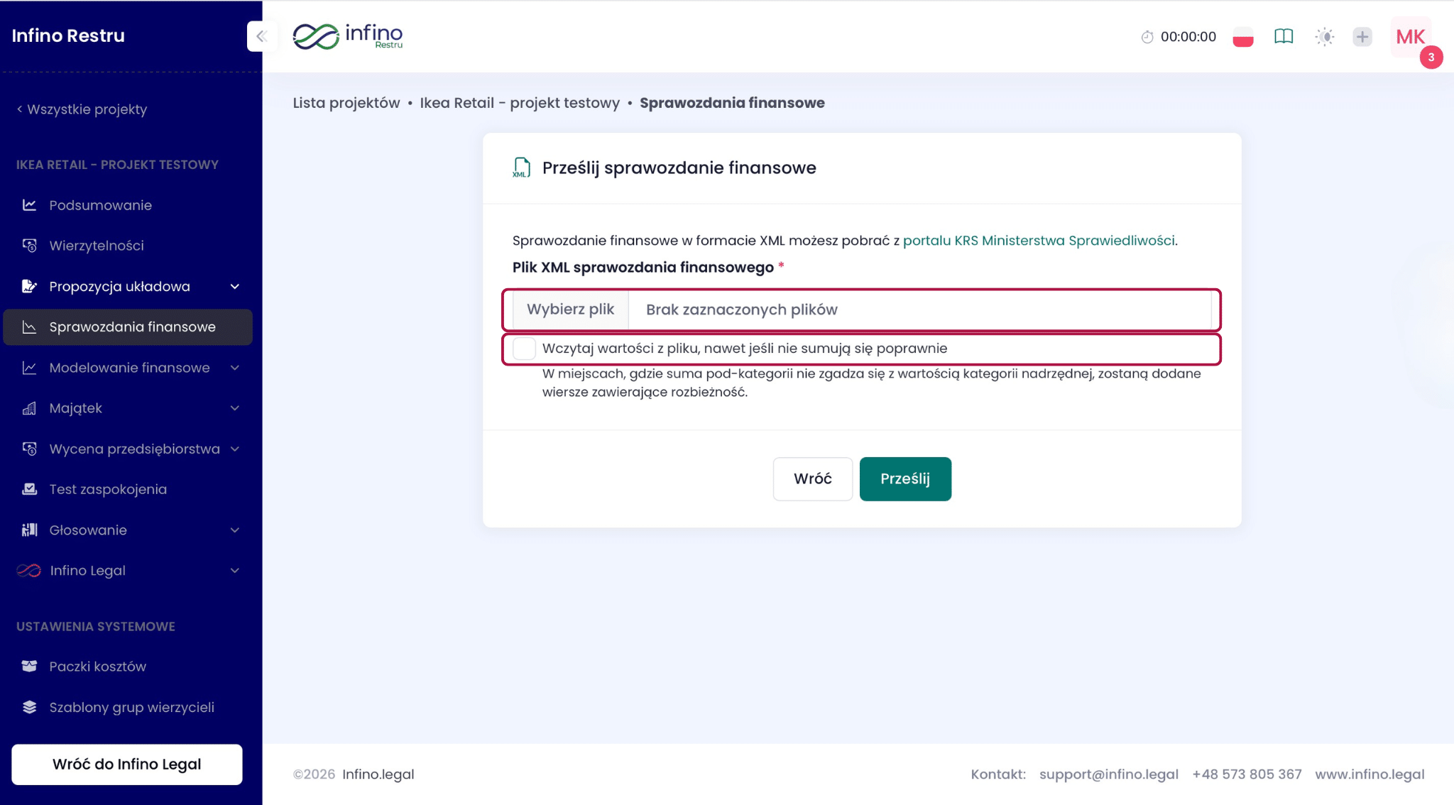 Infino Restru – ekran przesyłania sprawozdania finansowego w formacie XML z polem wyboru pliku oraz opcją wczytania wartości mimo rozbieżności.