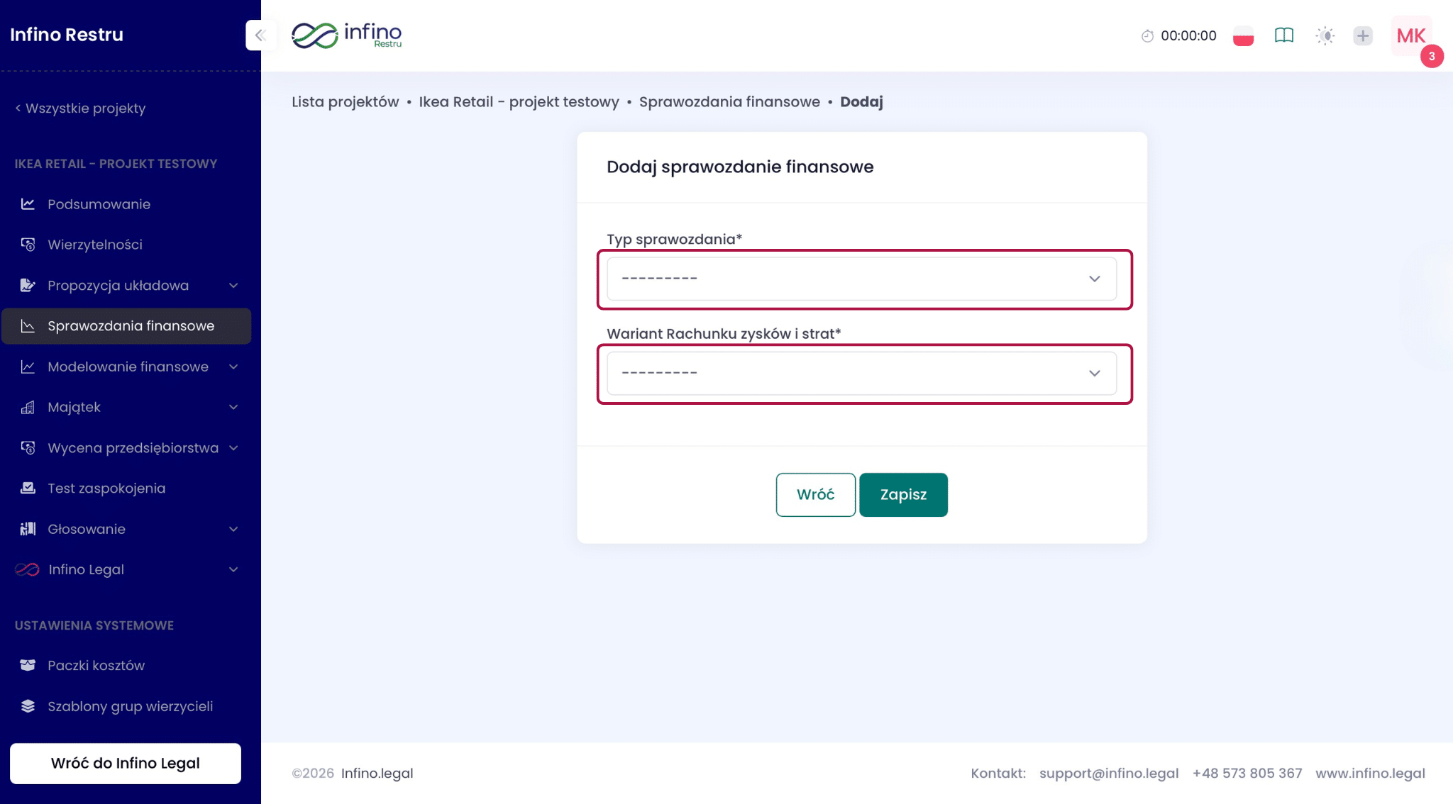 Infino Restru – formularz dodawania sprawozdania finansowego z polami „Typ sprawozdania” oraz „Wariant Rachunku zysków i strat”.