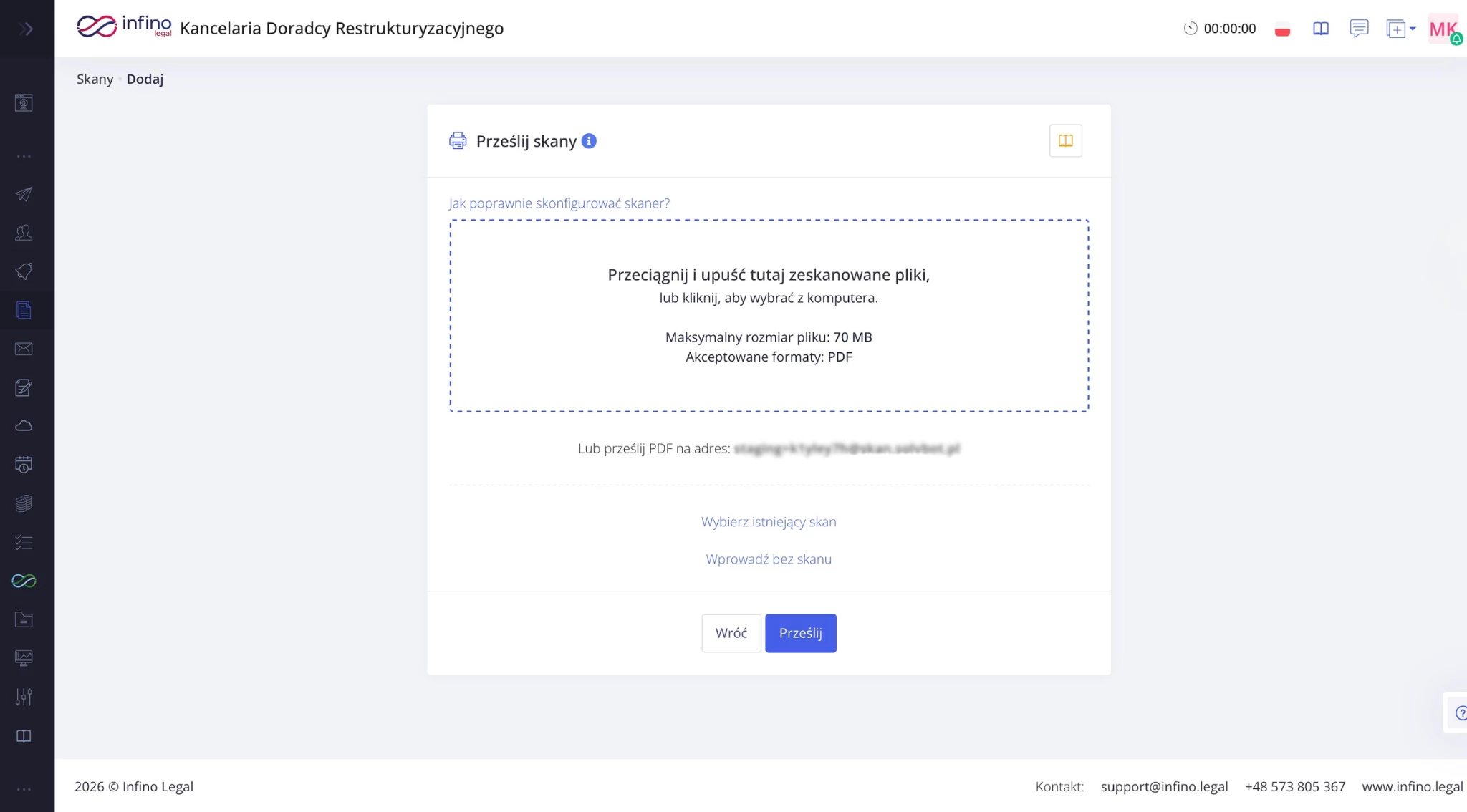 Infino Legal – ekran „Prześlij skany” z polem do przeciągnięcia i upuszczenia pliku PDF lub wyboru pliku z komputera.