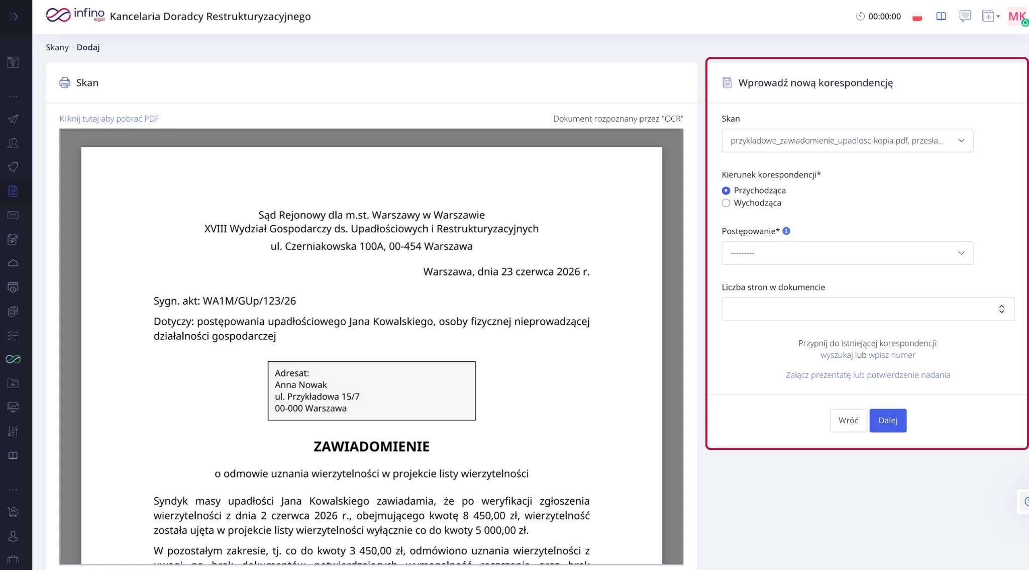 Infino Legal – formularz „Wprowadź nową korespondencję” z wyborem kierunku korespondencji, postępowania i liczby stron dokumentu.